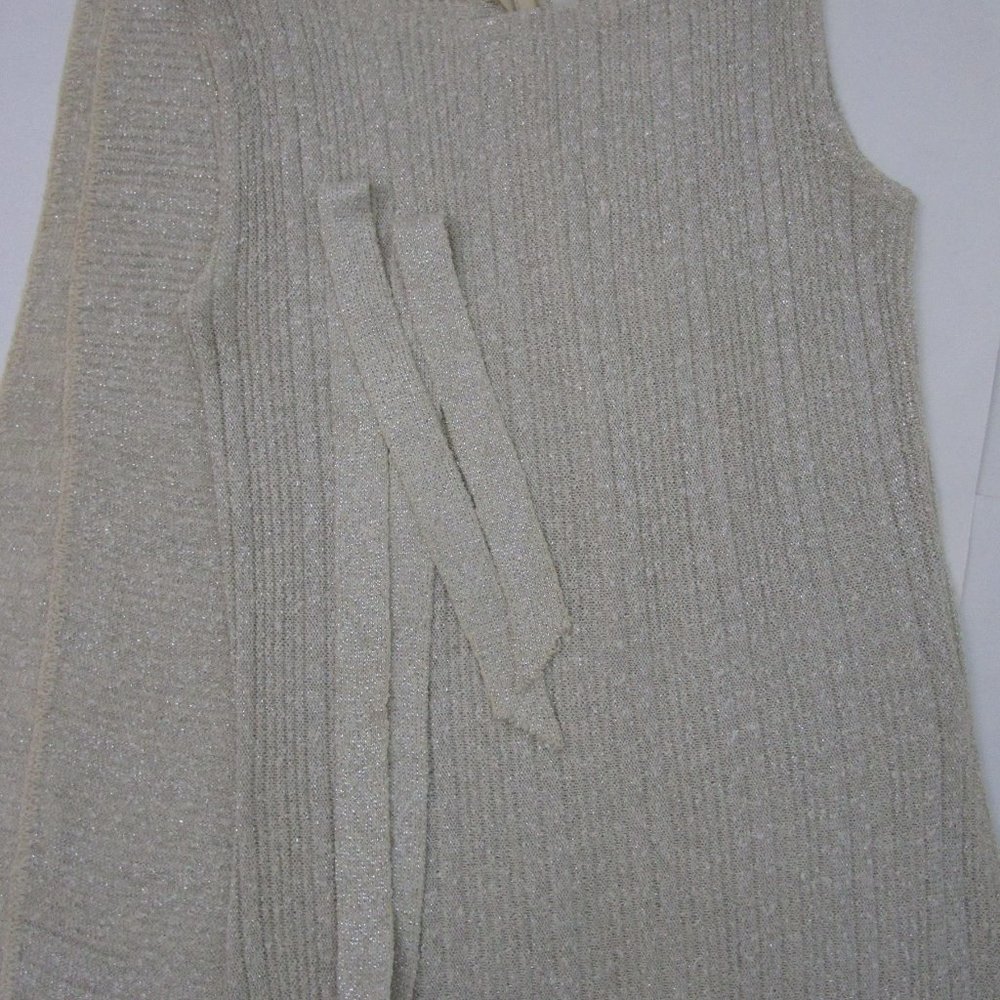 S 1960s Pinup Wiggle Bodycon Dress w Fringe Scarf Linen Champagne Metallic - Picture 8 of 11